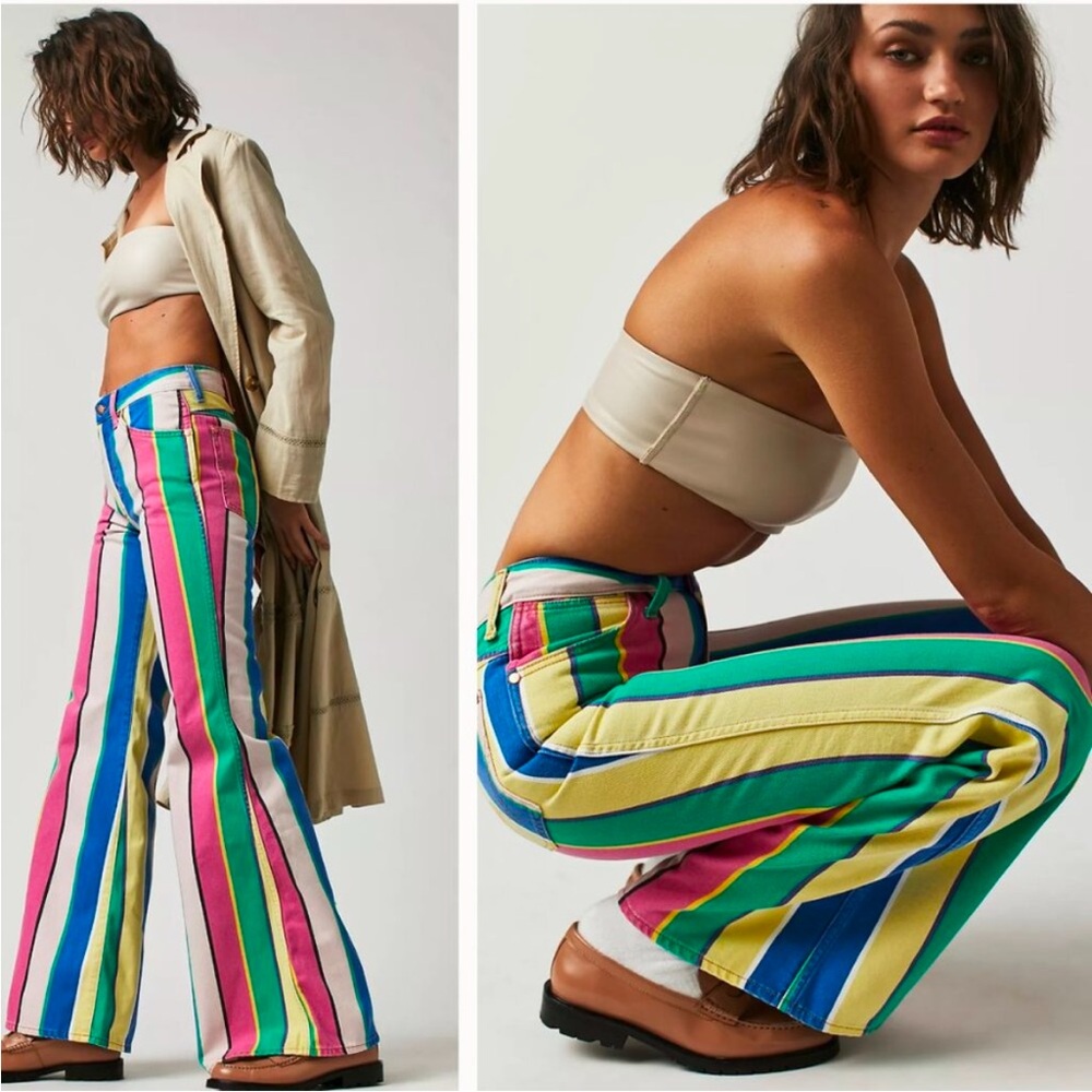 WRANGLER X FREE PEOPLE EXCLUSIVE WANDERER 622 HIGH RISE FLARES RAINBOW‎ STRIPE - Picture 2 of 15